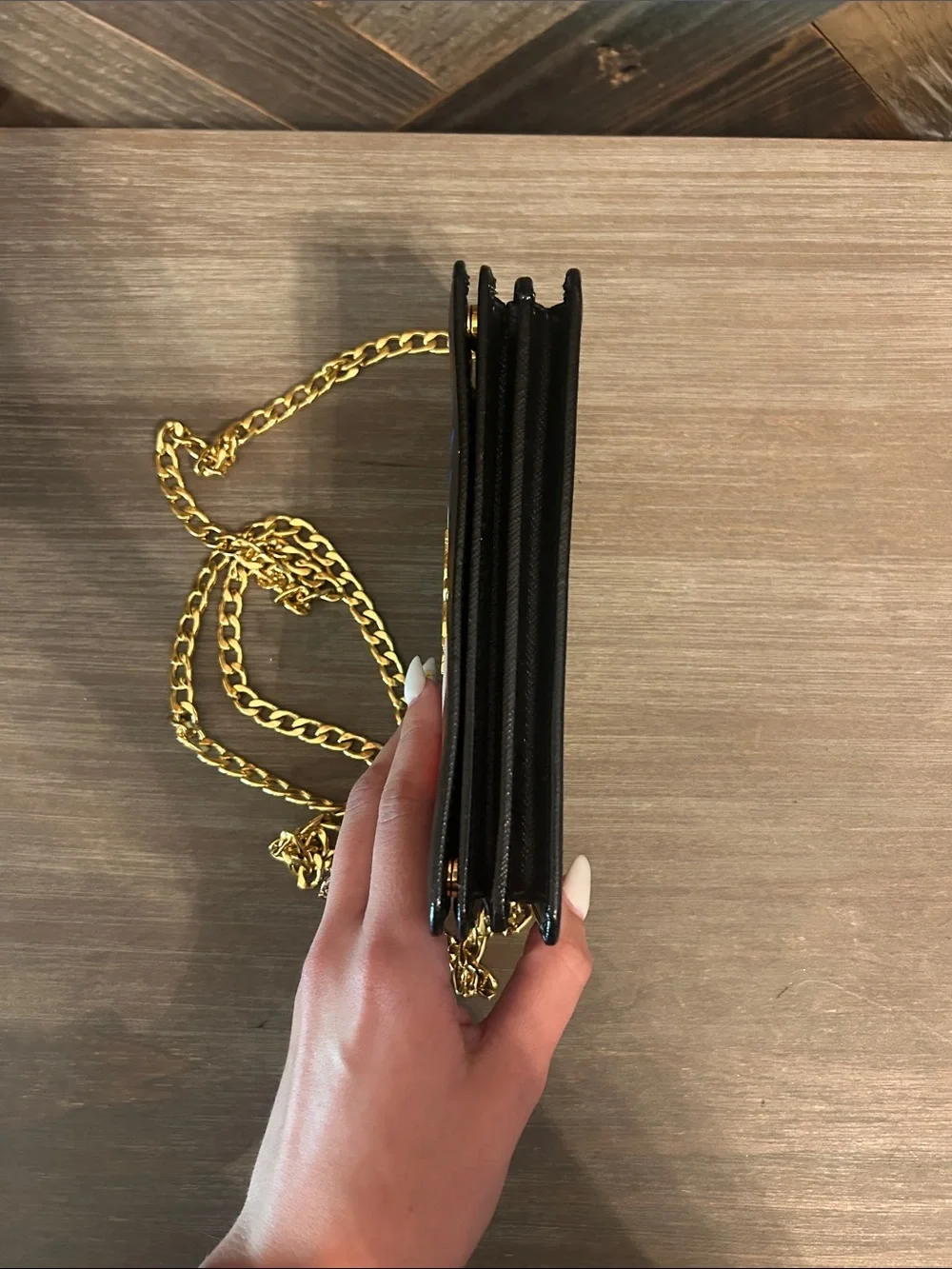 Prada Black Saffiano Printed Faces Leather Chain Clutch